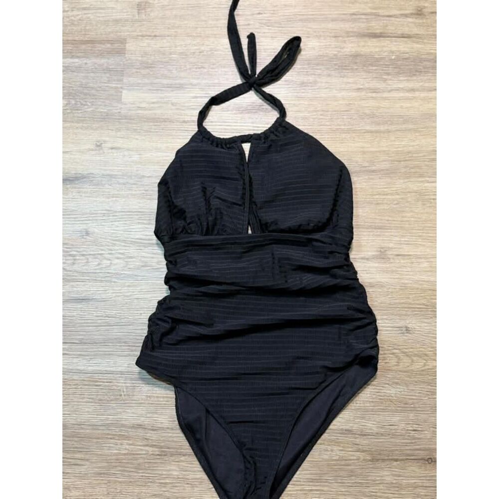 Women’s Black Halter One Piece Swimsuit Ruched Tummy Control Cutout Swimwear